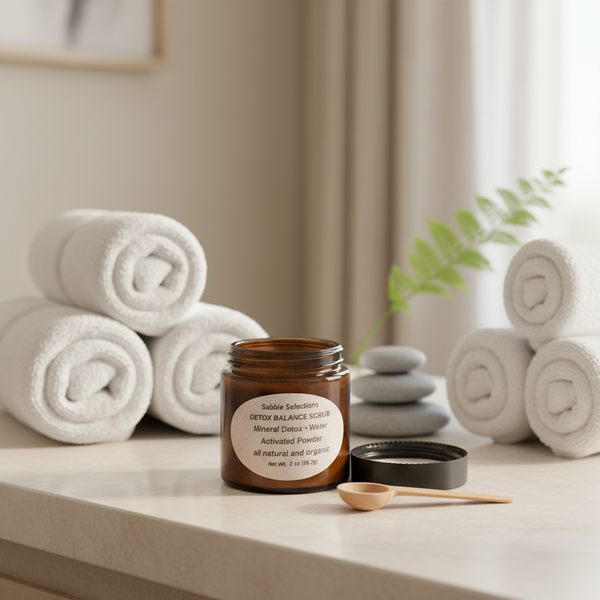 DETOX BALANCE POLISH (Rosemary EO) dry facial scrub water activated charcoal French green clay Matcha